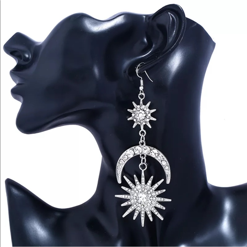 Moon Star Dangle Drop Rhinestone Crystal Earrings - Picture 2 of 6